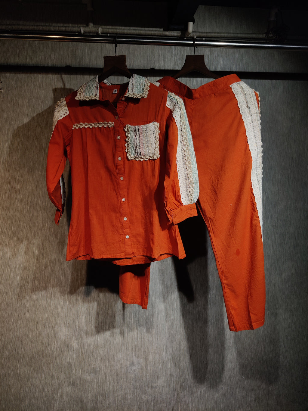 Rust Orange Linen-Cotton Co-Ord Set with Crochet Lace Detailing