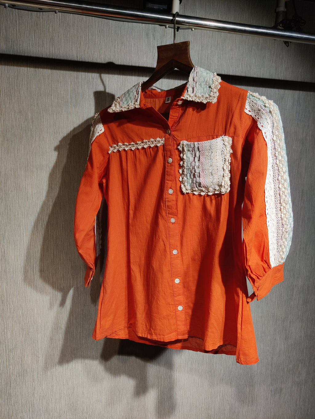 Rust Orange Linen-Cotton Co-Ord Set with Crochet Lace Detailing