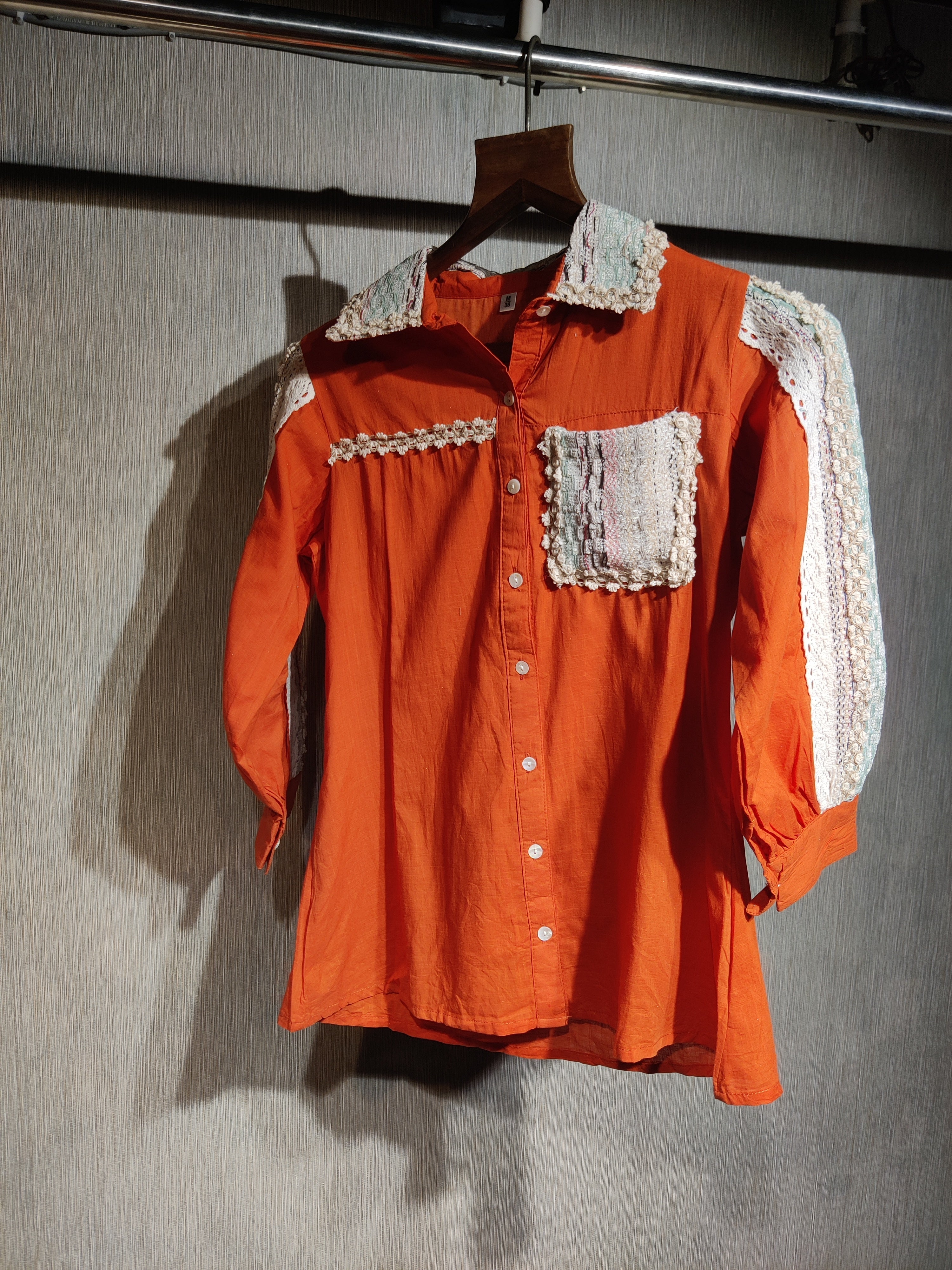 Rust Orange Linen-Cotton Co-Ord Set with Crochet Lace Detailing