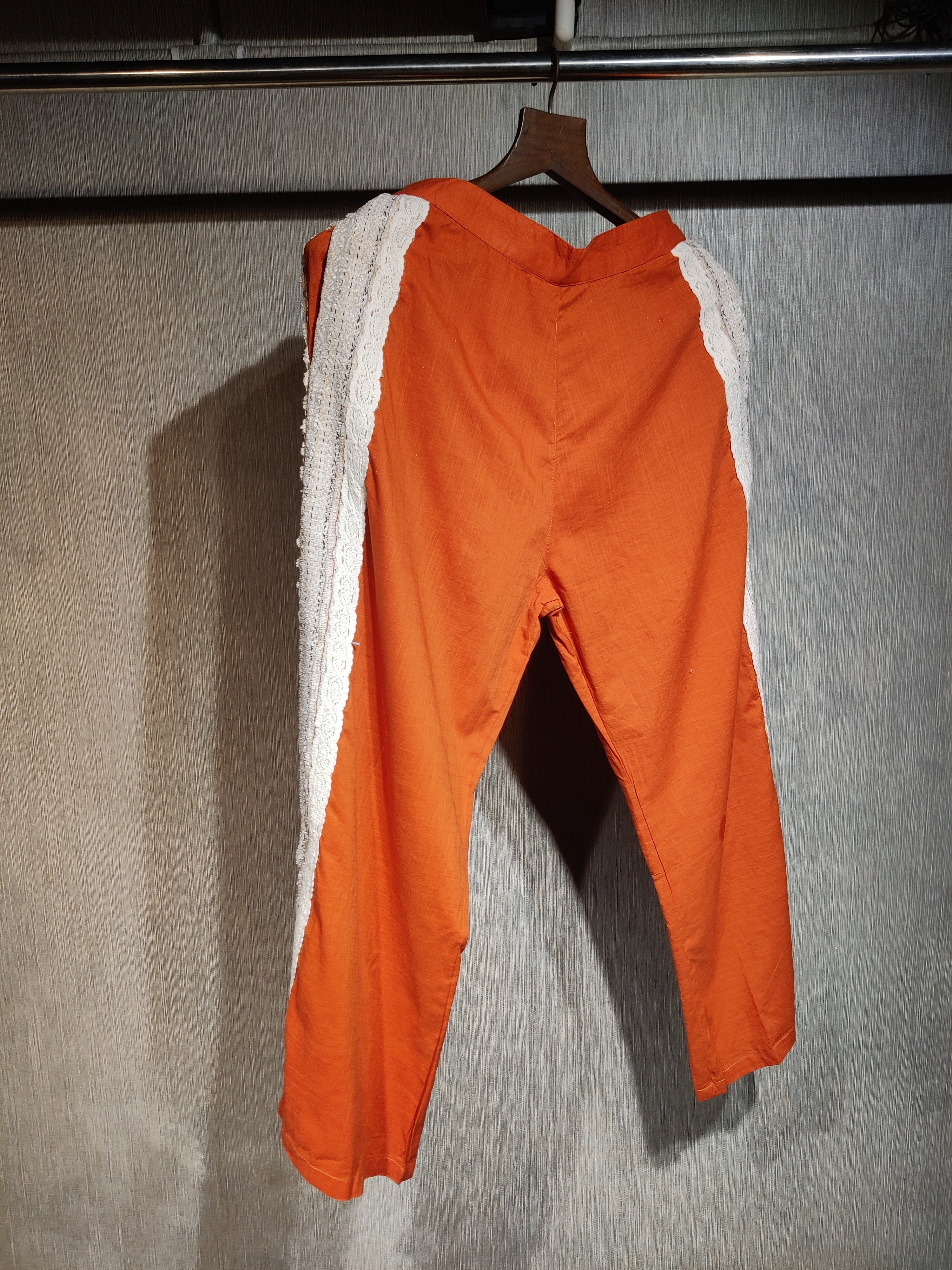 Rust Orange Linen-Cotton Co-Ord Set with Crochet Lace Detailing