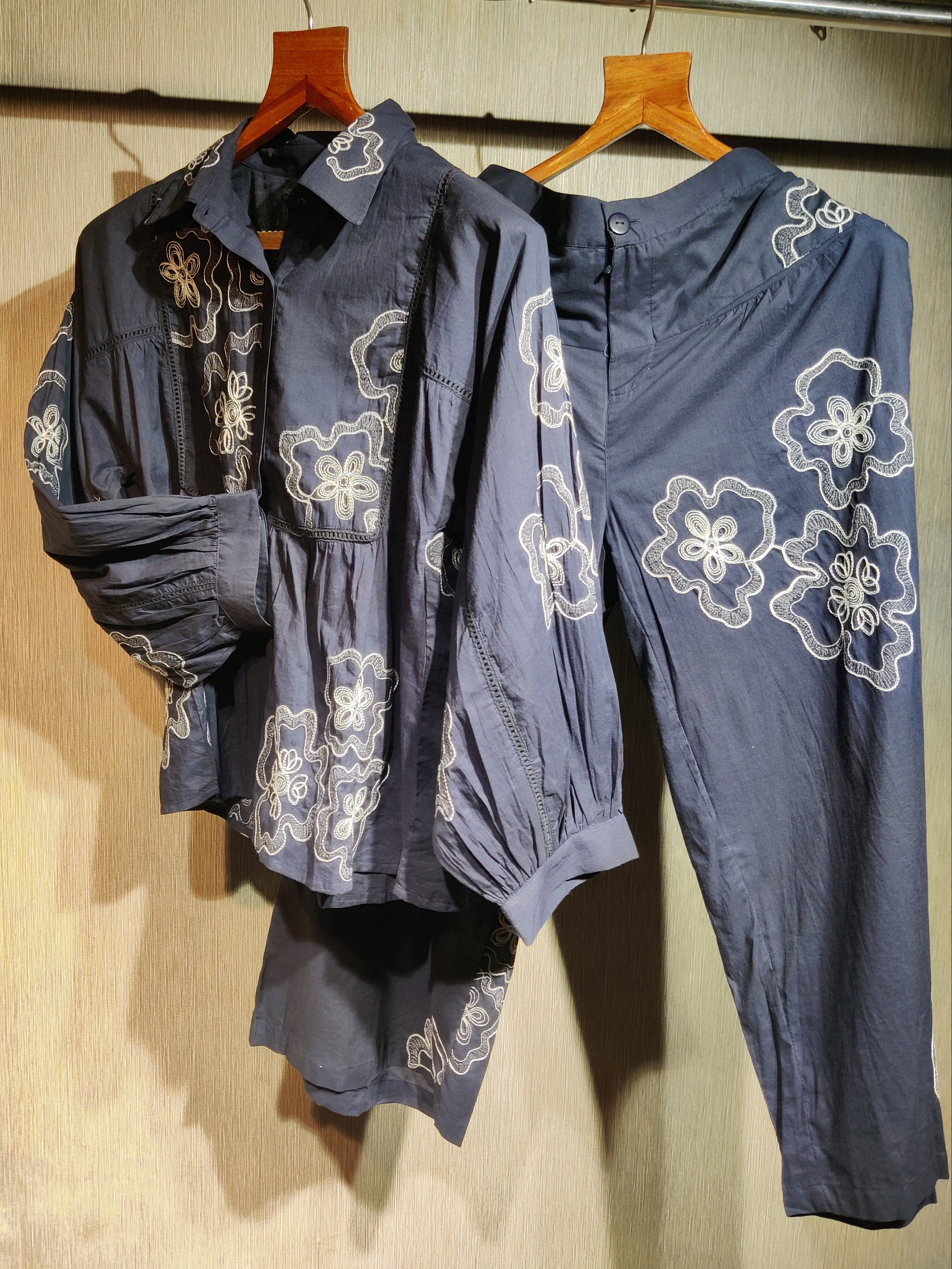 Midnight Navy Embroidered Indo-Western Shirt with Bishop Sleeves Co-ord Set