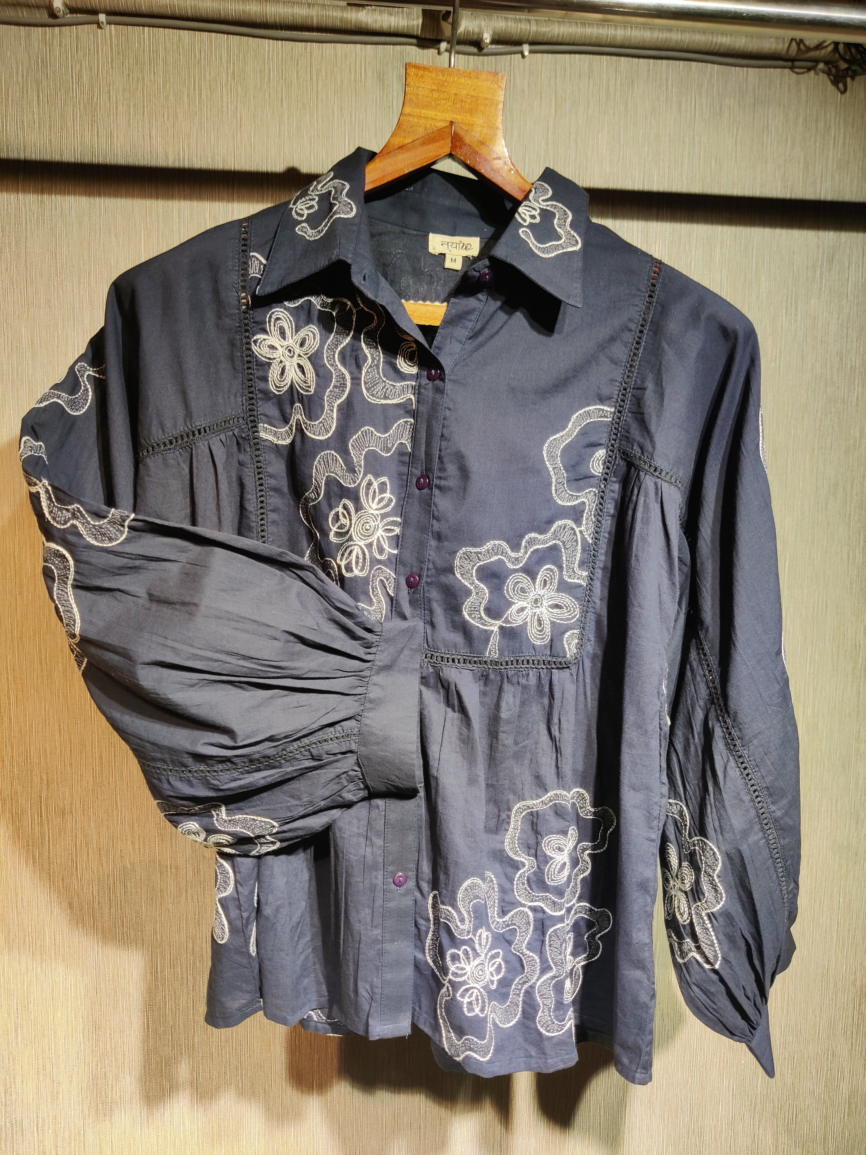 Midnight Navy Embroidered Indo-Western Shirt with Bishop Sleeves Co-ord Set