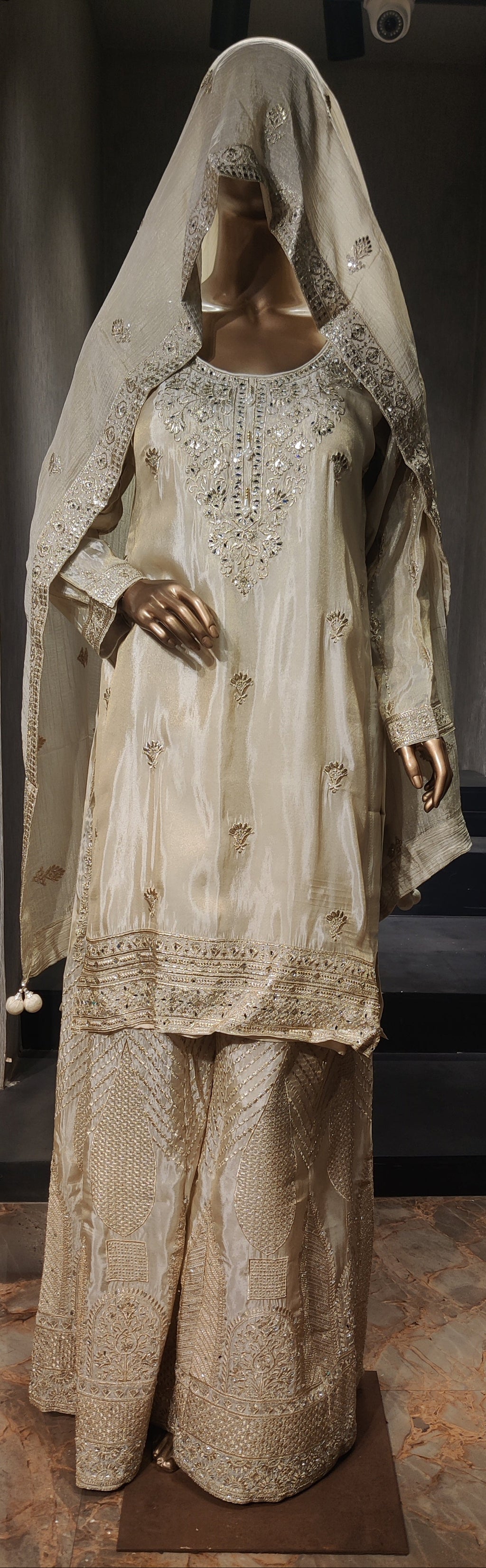 Designer Ivory Shimmer Silk Party Wear with Sequin Work