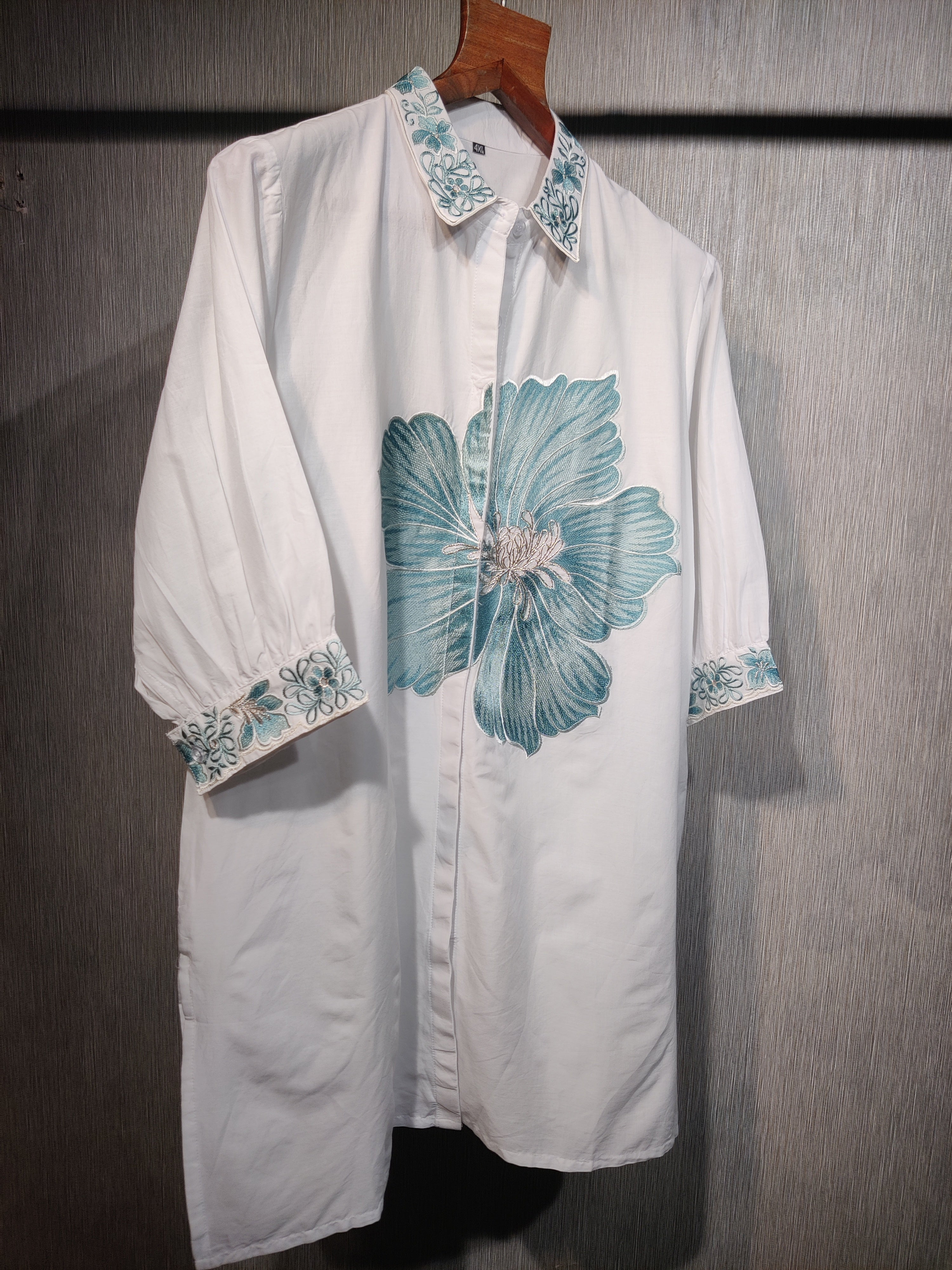 White Cotton with Teal Magnolia Applique work Co-Ord  Set