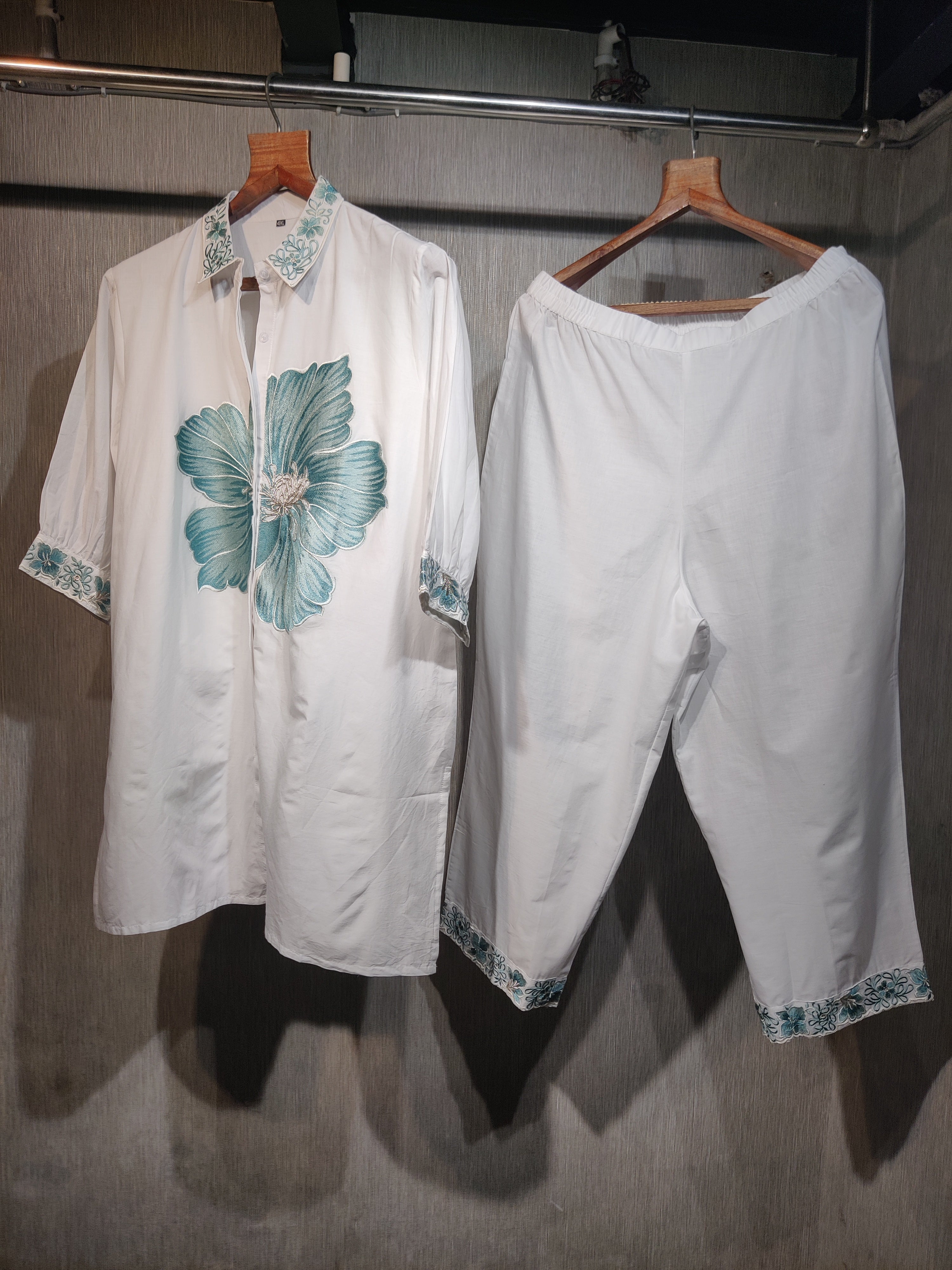 White Cotton with Teal Magnolia Applique work Co-Ord  Set