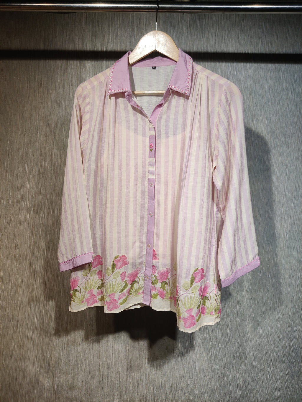 Blush Pink Striped Cotton Co-ord Set with Floral Applique & Thread Work