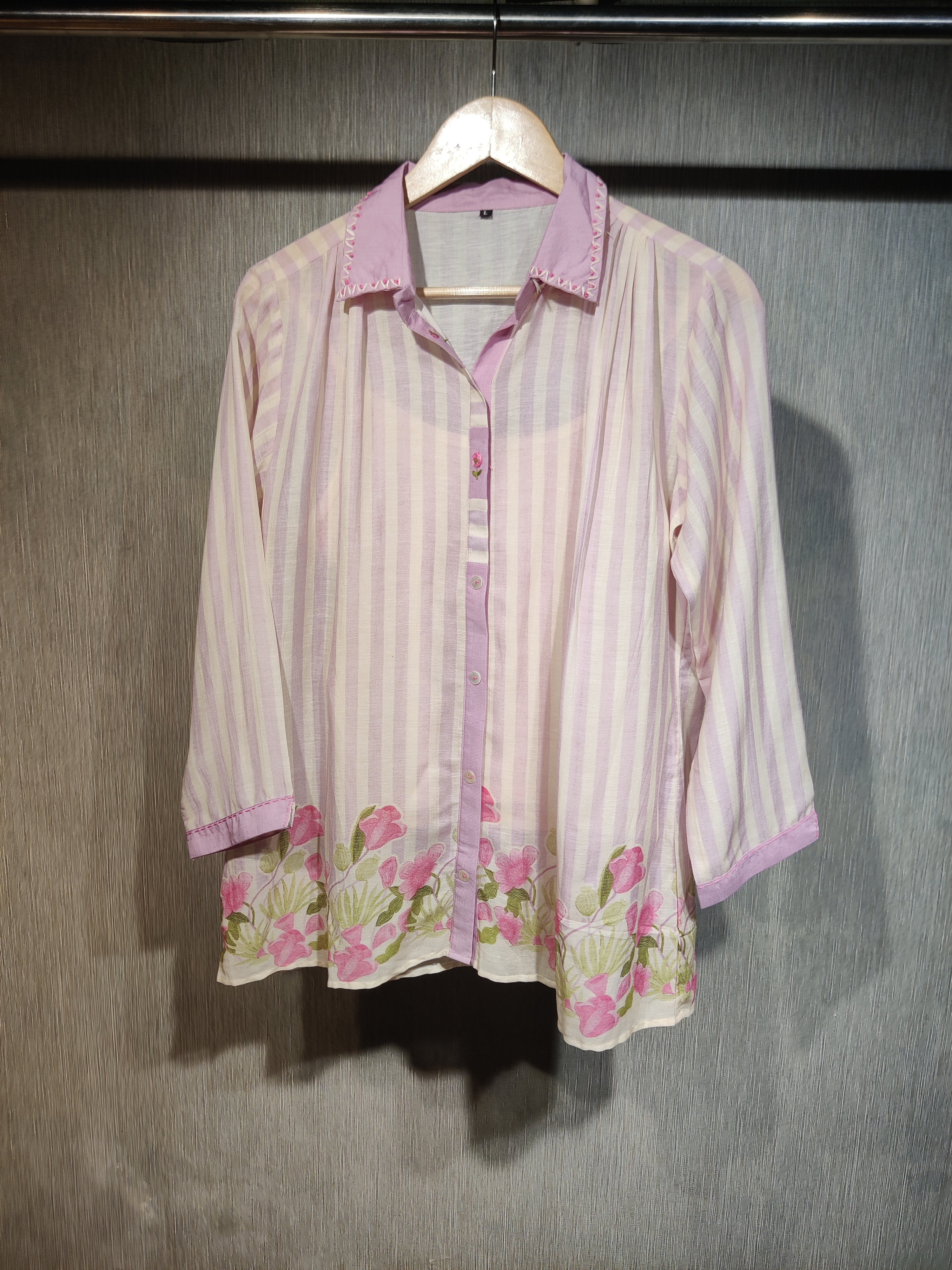 Blush Pink Striped Cotton Co-ord Set with Floral Applique & Thread Work