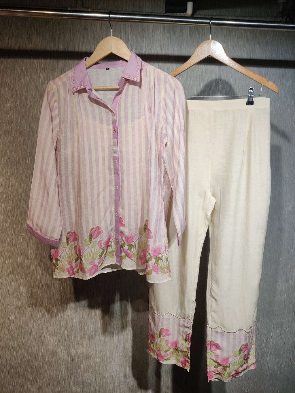 Blush Pink Striped Cotton Co-ord Set with Floral Applique & Thread Work