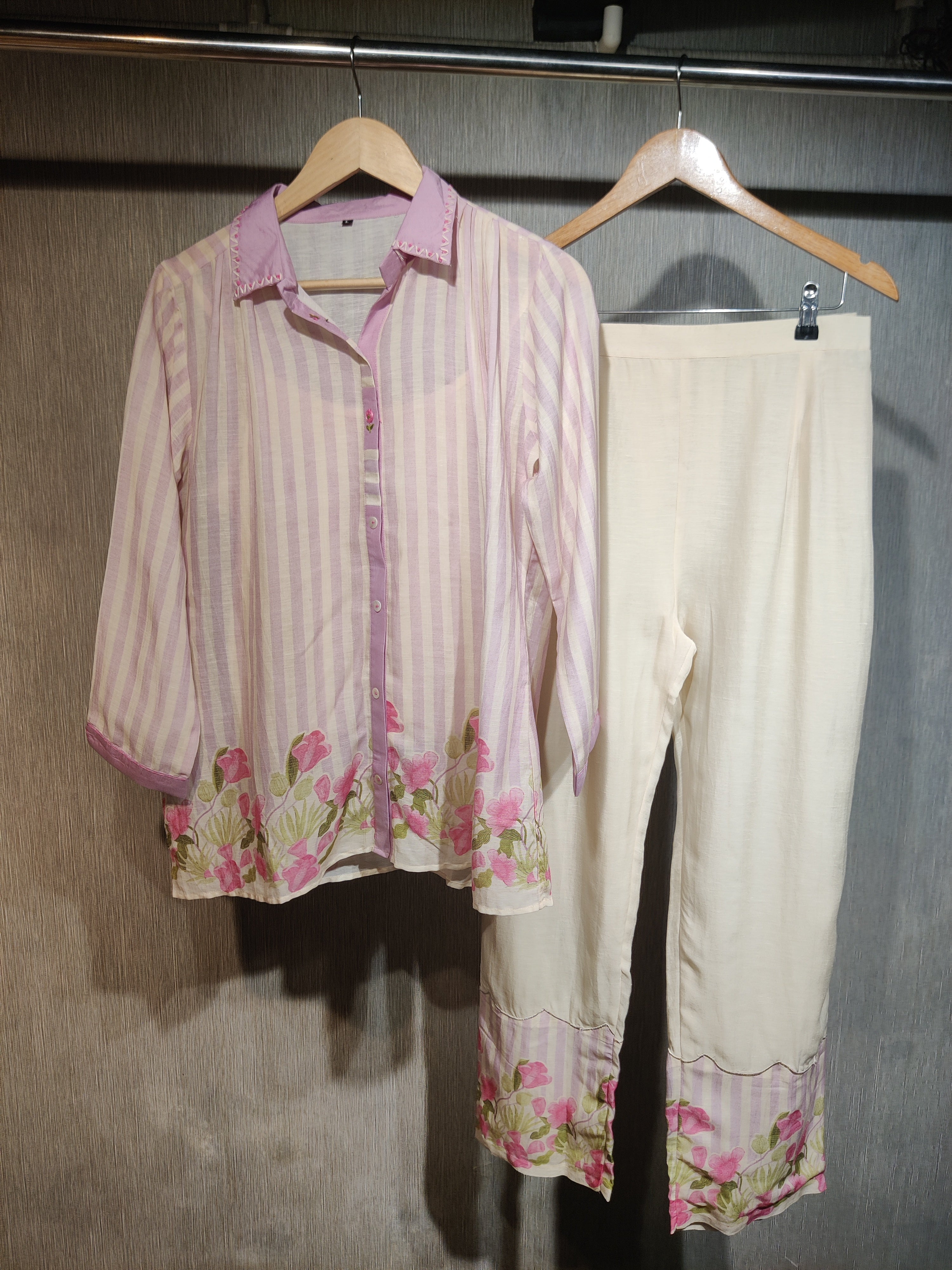 Blush Pink Striped Cotton Co-ord Set with Floral Applique & Thread Work