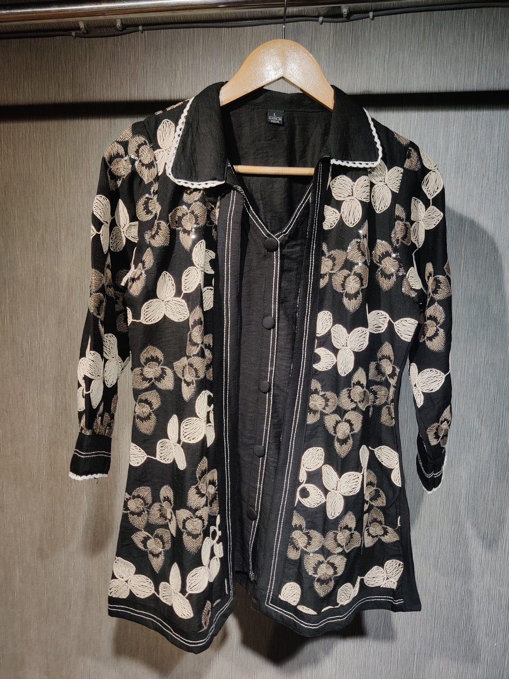 Premium Black Cotton Embroidered Jacket Style Co-ord Set