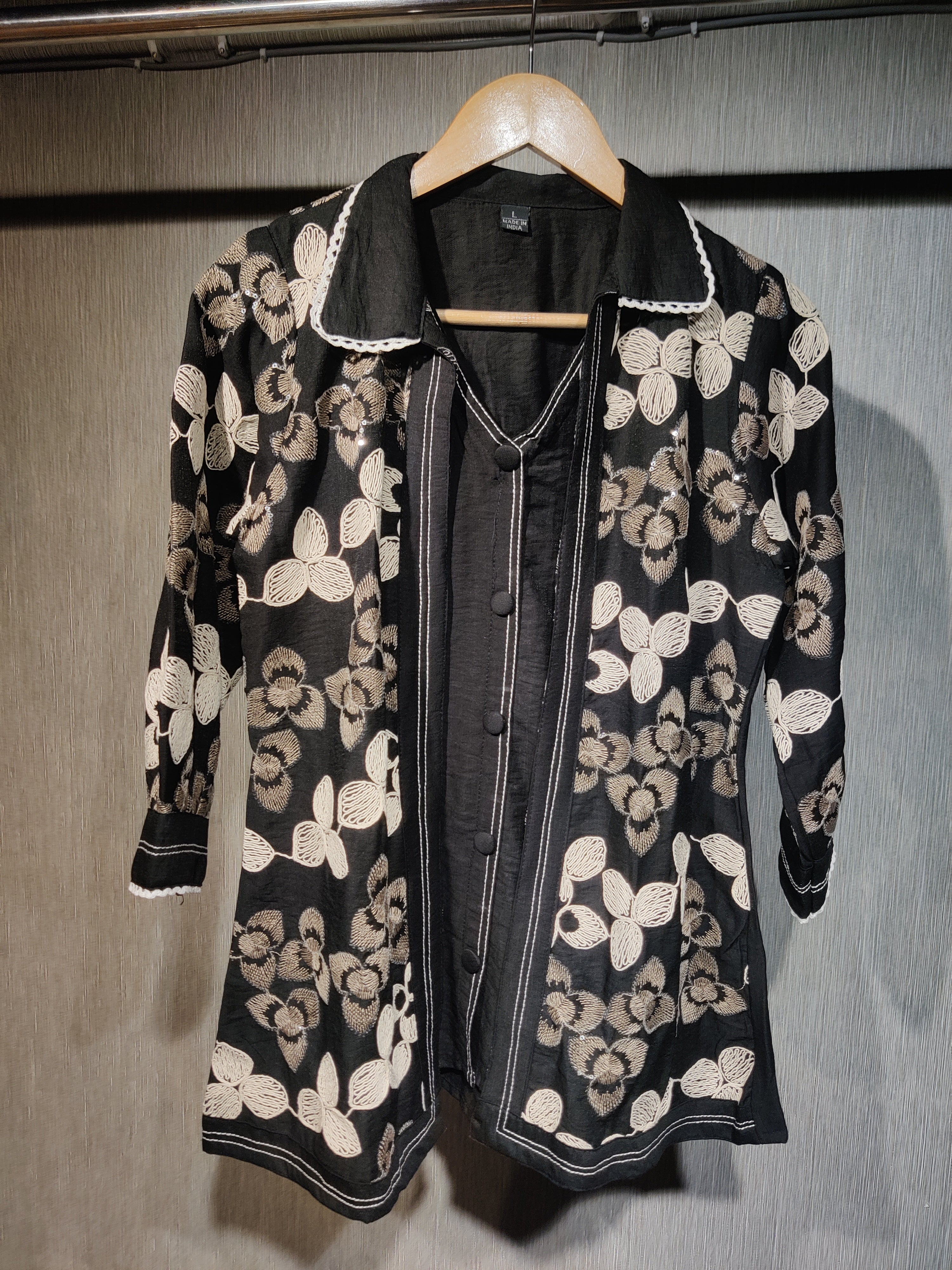 Premium Black Cotton Embroidered Jacket Style Co-ord Set