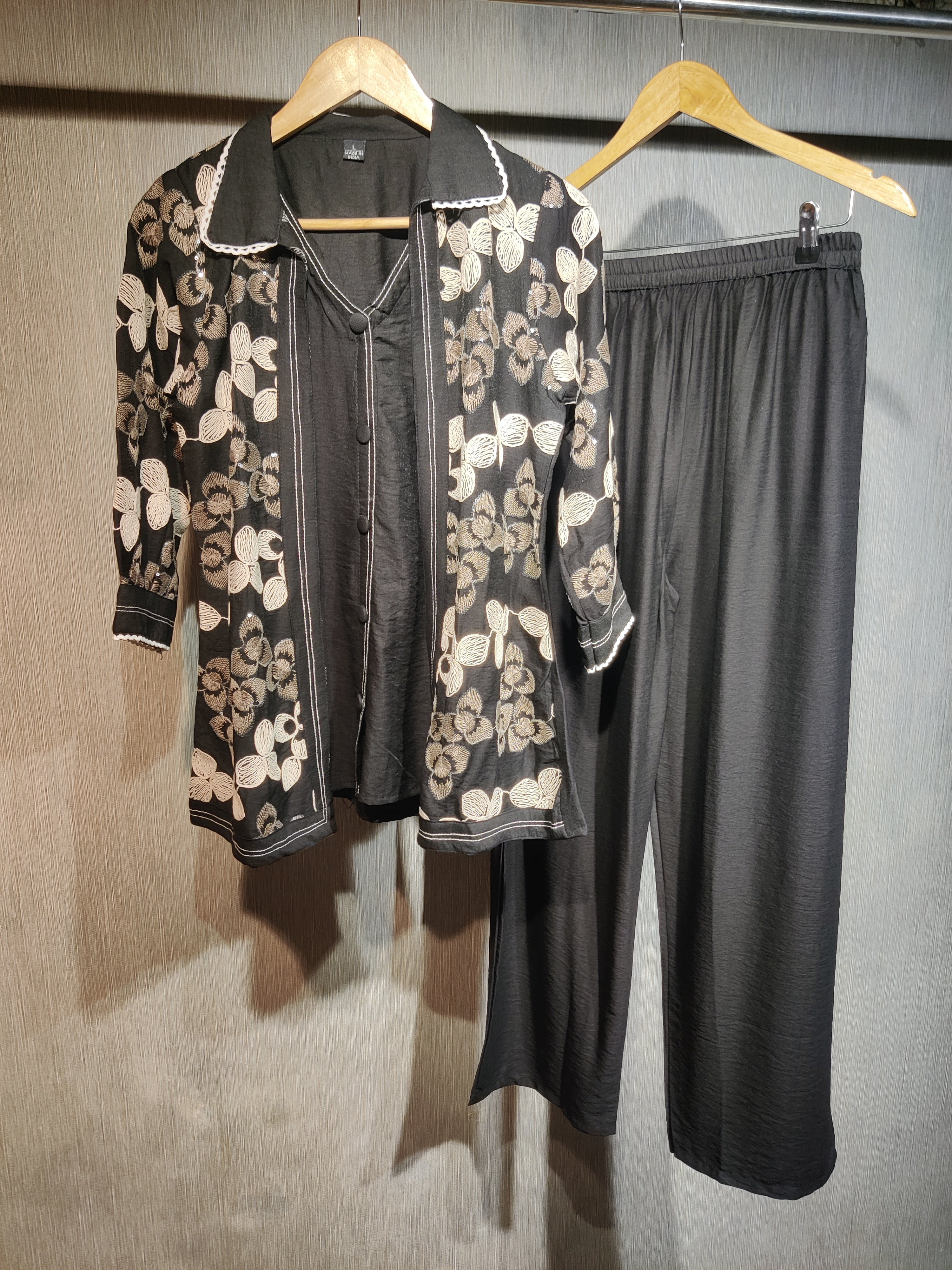 Premium Black Cotton Embroidered Jacket Style Co-ord Set