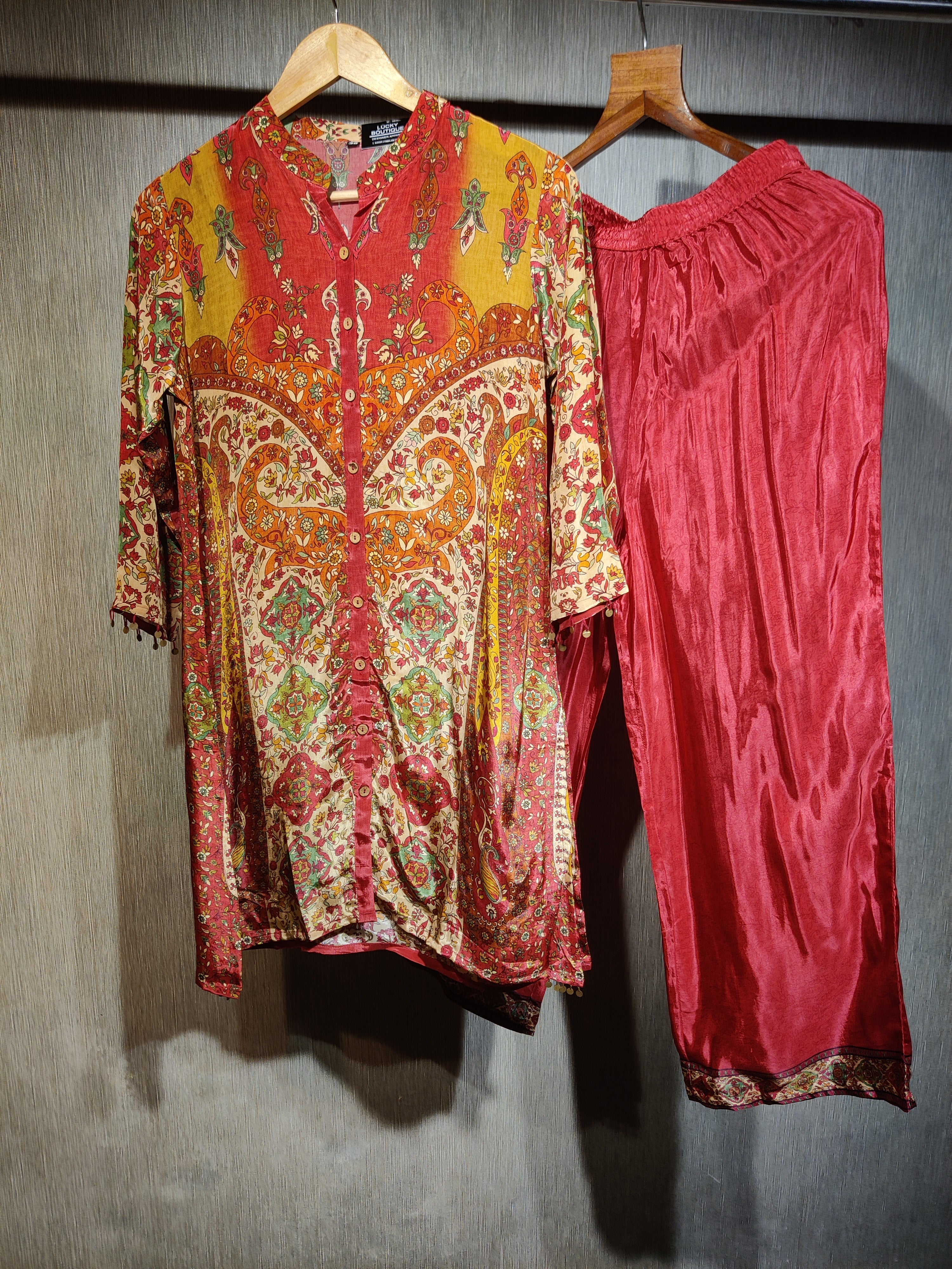 Fiesta Rust Italian Crepe Silk Co-ord Set with Heritage Paisley Print and Delicate Hand Work