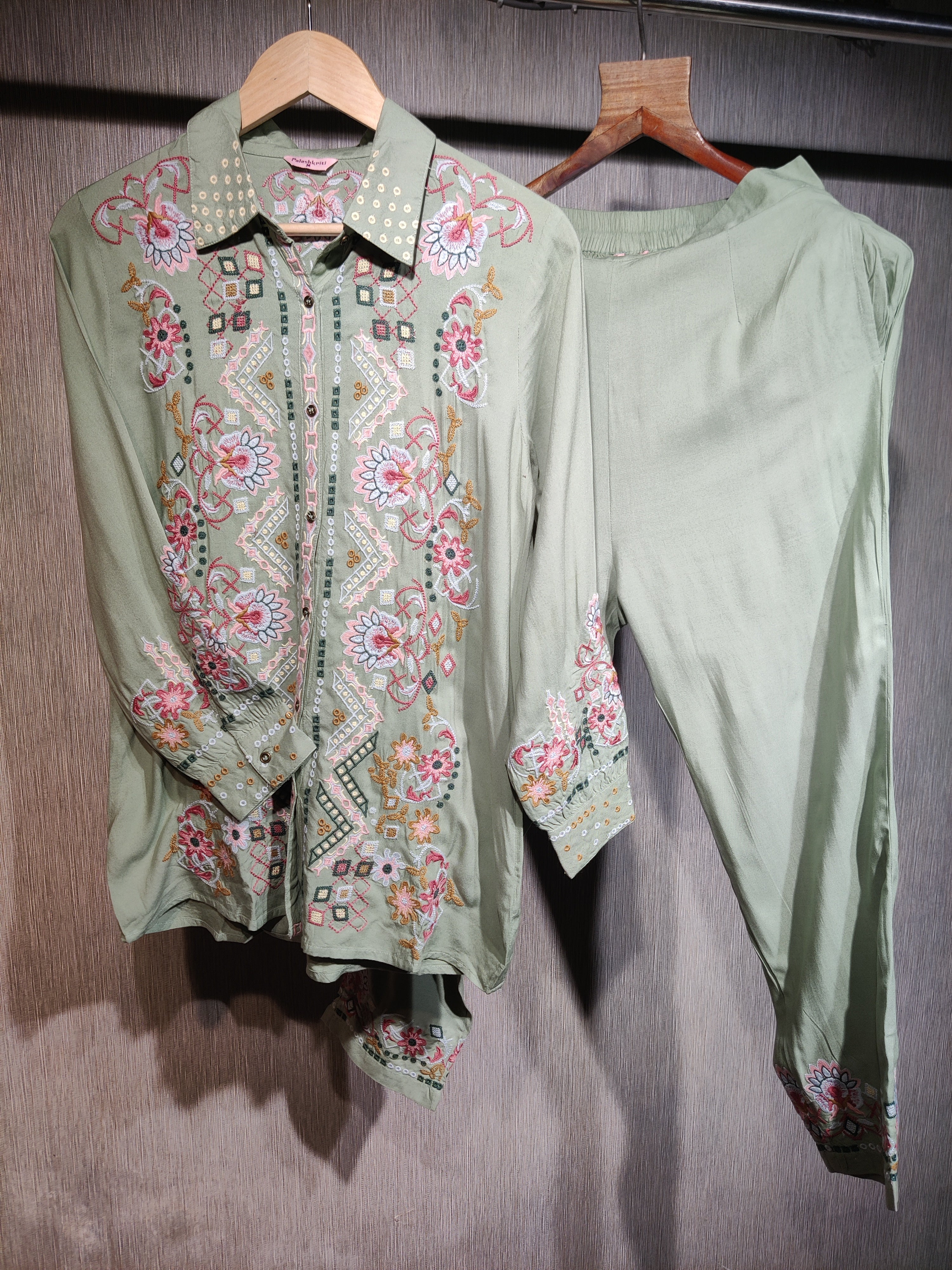 Sage Pastels Premium Cotton Co-ord Set with Exquisite Hand Work and Thread Embroidery All Over