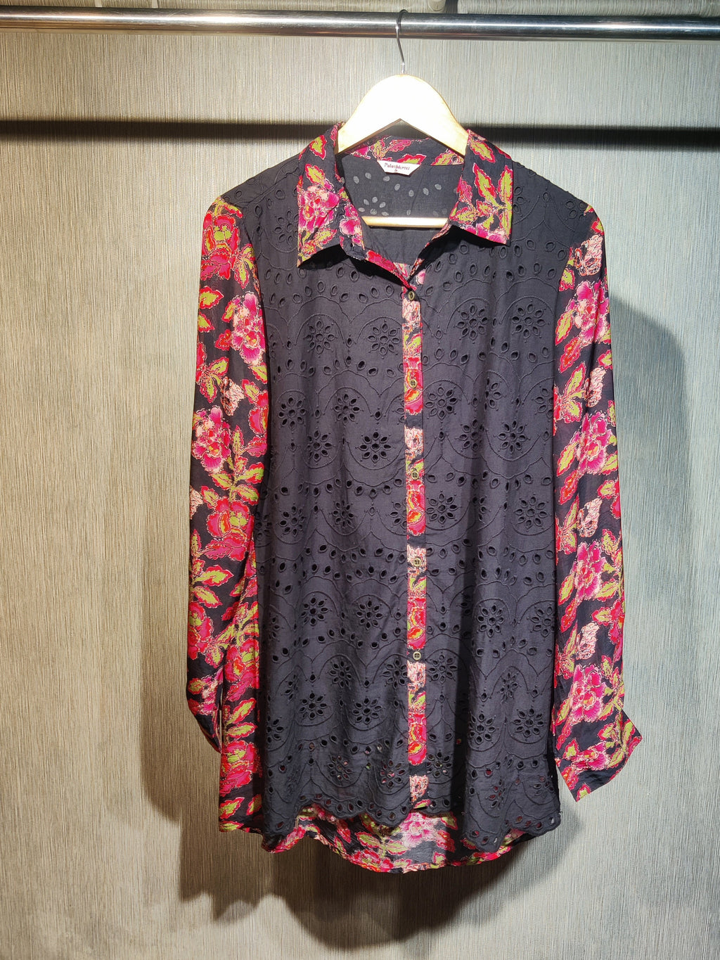 Black Cotton Cut-Work with Vibrant Floral Print Pants Co-ord Set