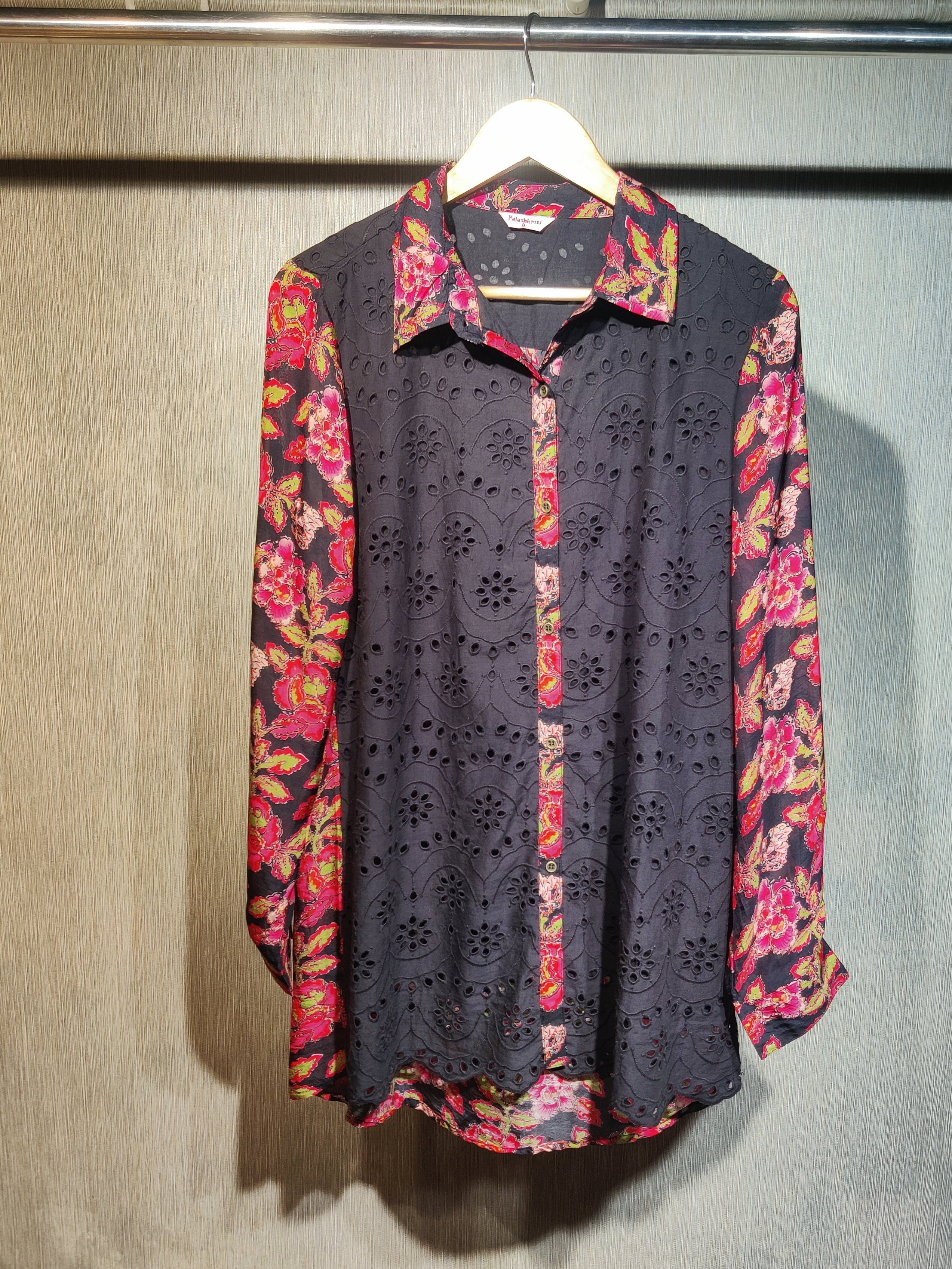 Black Cotton Cut-Work with Vibrant Floral Print Pants Co-ord Set