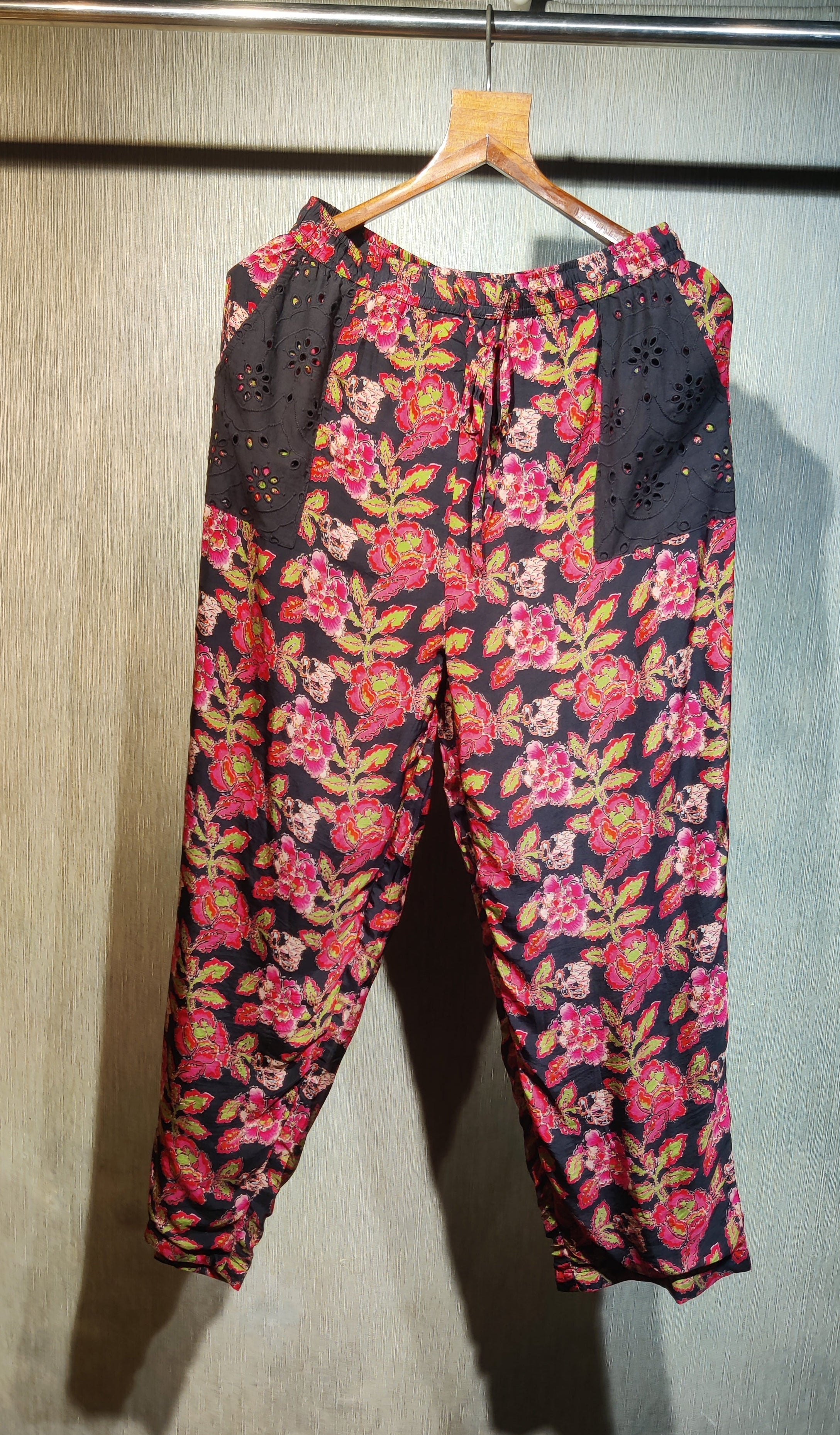 Black Cotton Cut-Work with Vibrant Floral Print Pants Co-ord Set