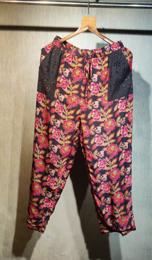 Black Cotton Cut-Work with Vibrant Floral Print Pants Co-ord Set