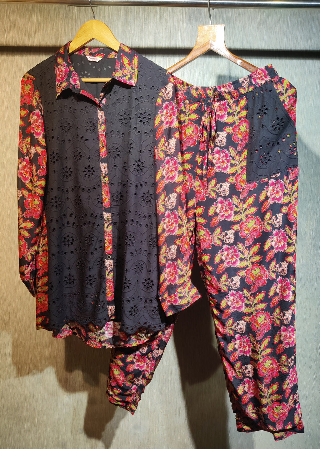 Black Cotton Cut-Work with Vibrant Floral Print Pants Co-ord Set
