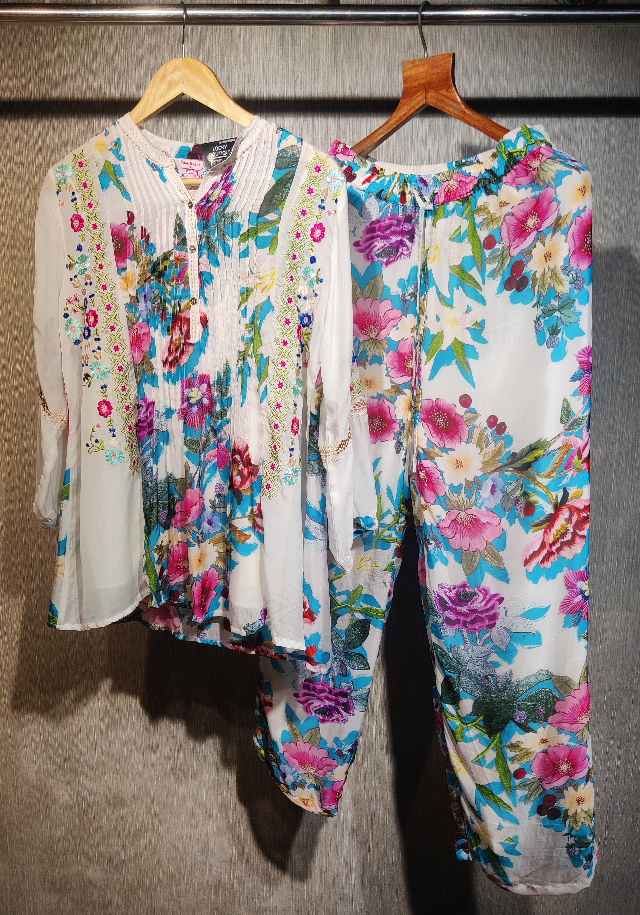 Vibrant Floral Print Tunic Top and Trouser Ensemble Co-ord Set