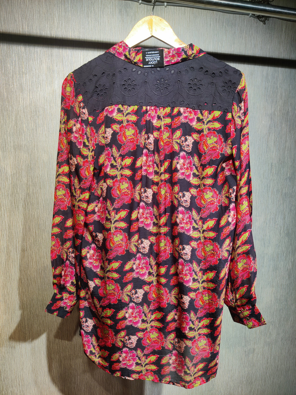 Black Cotton Cut-Work with Vibrant Floral Print Pants Co-ord Set