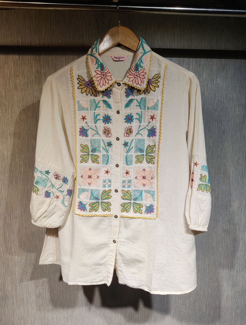 Handcrafted Multi-Thread Embroidered Linen-Cotton Co-Ord Set with Puffer Sleeves