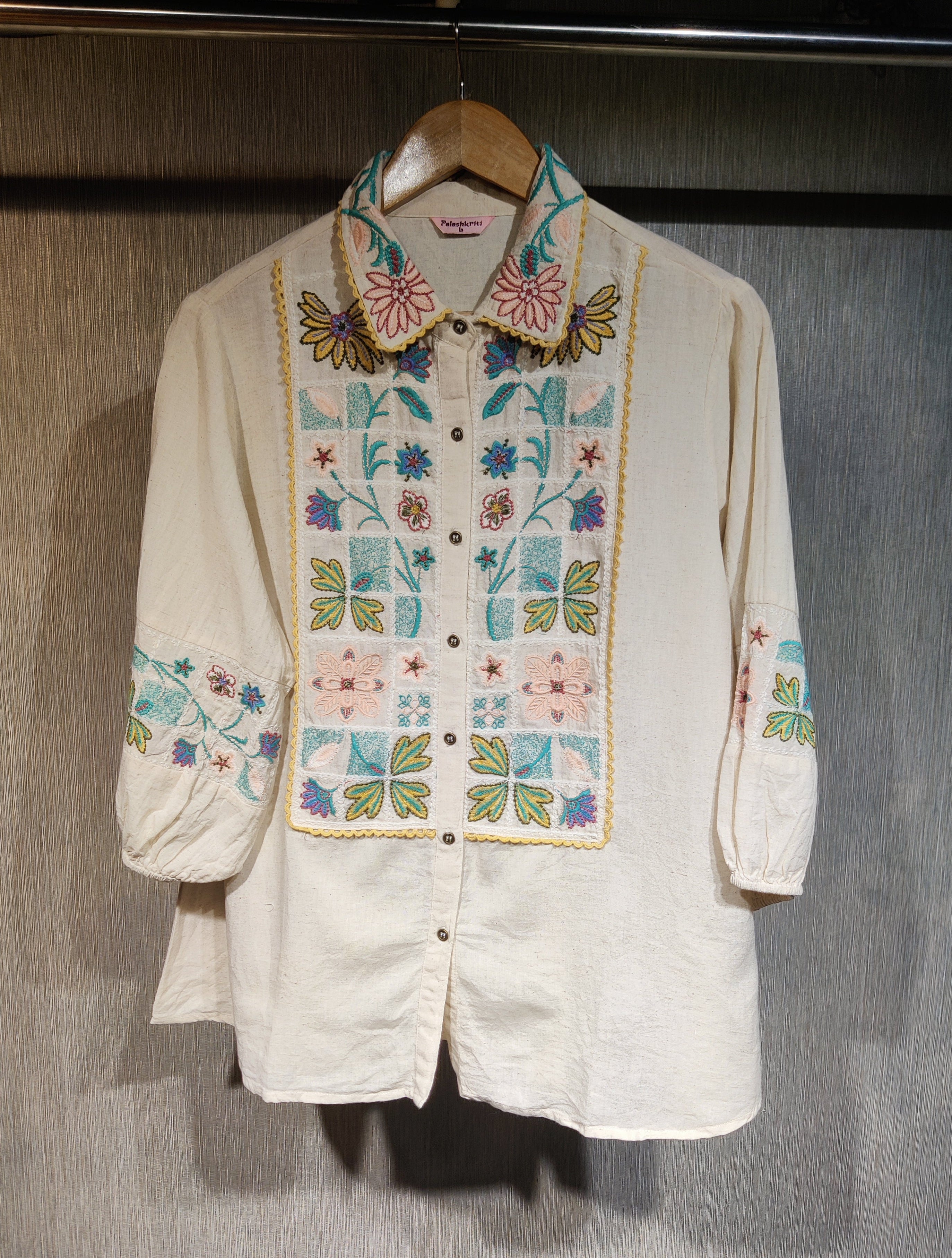 Handcrafted Multi-Thread Embroidered Linen-Cotton Co-Ord Set with Puffer Sleeves
