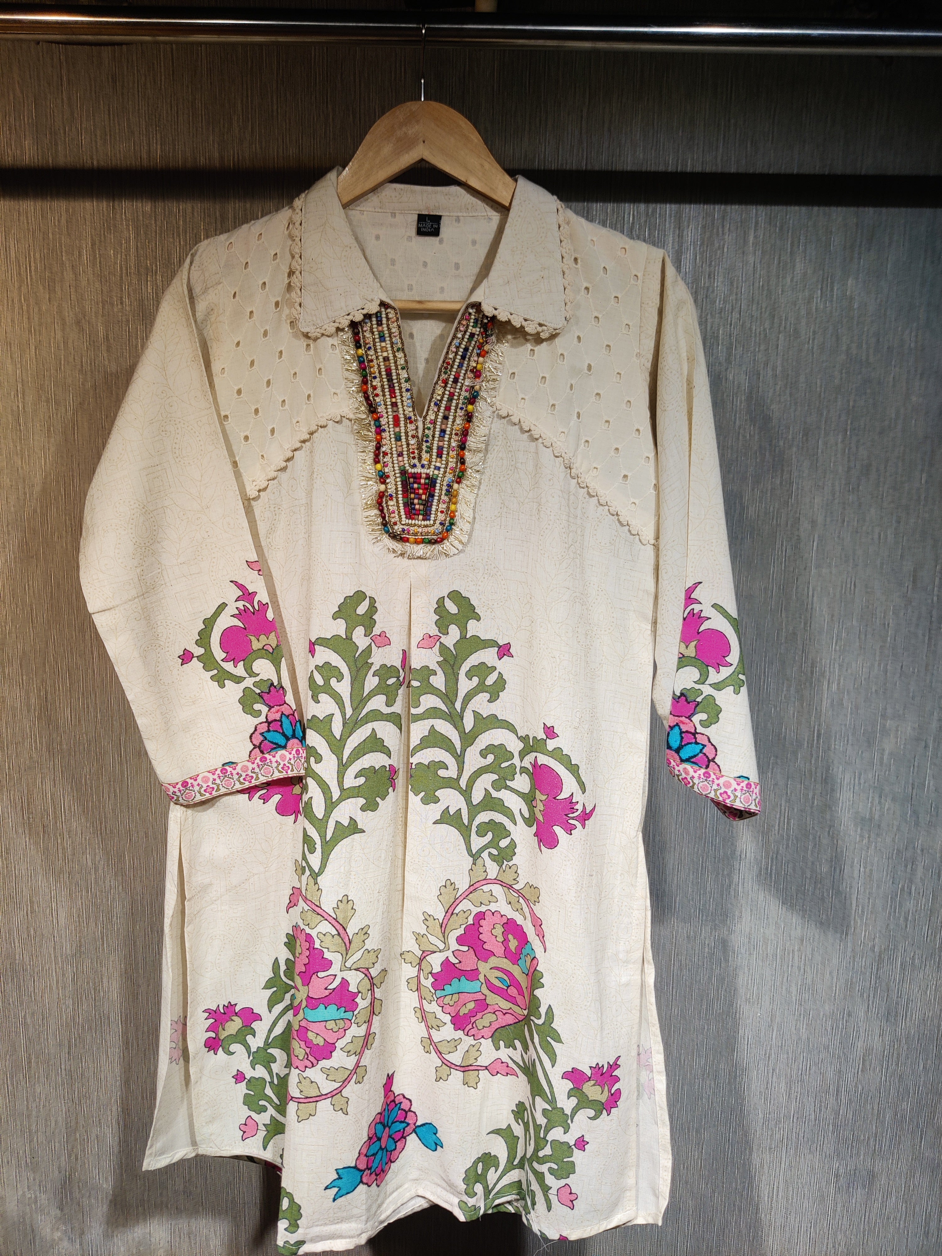 Ivory Pure Cotton Printed Co-ord Set with Cut Work and Beads Work