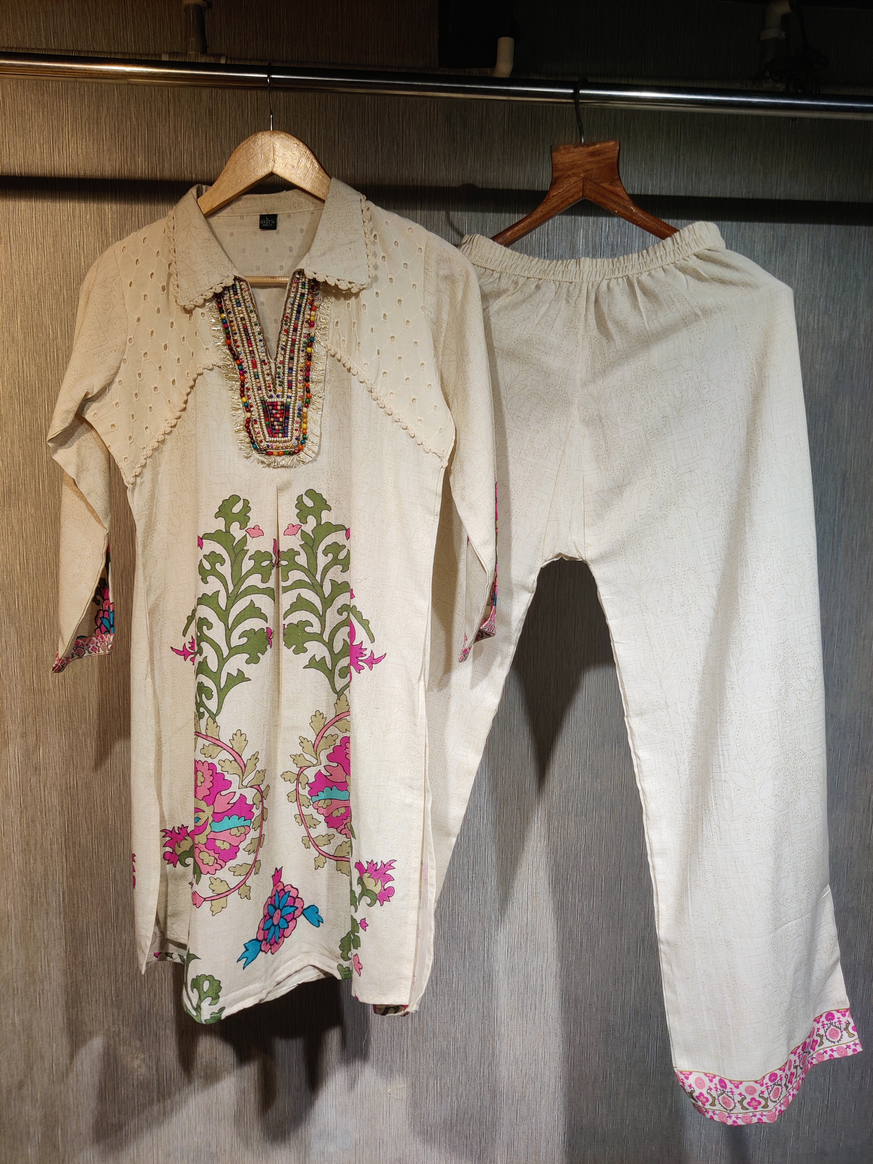 Ivory Pure Cotton Printed Co-ord Set with Cut Work and Beads Work