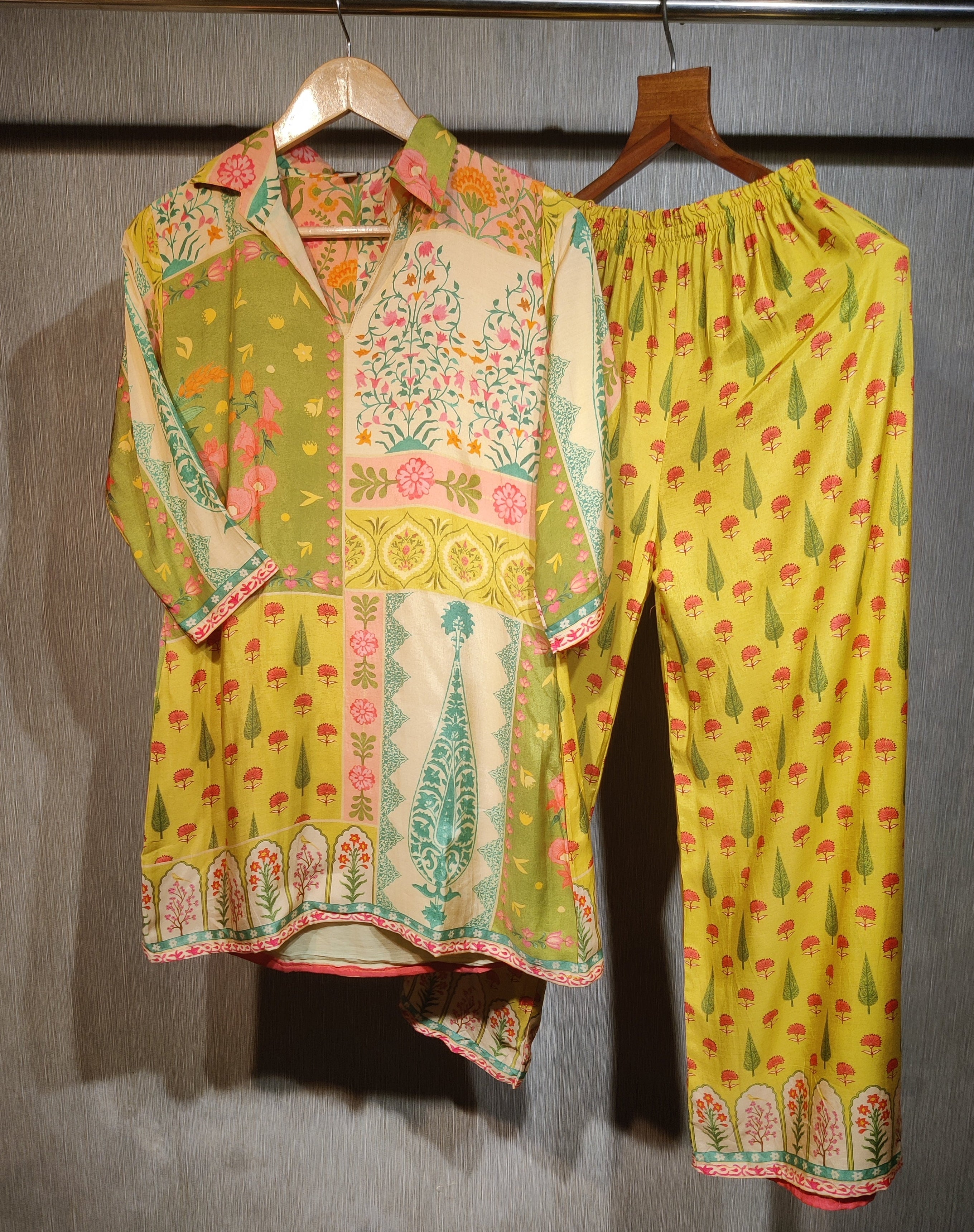 Sunshine Yellow Floral Print Pure Cotton Tunic & Wide-Leg Trousers Co-Ord Set