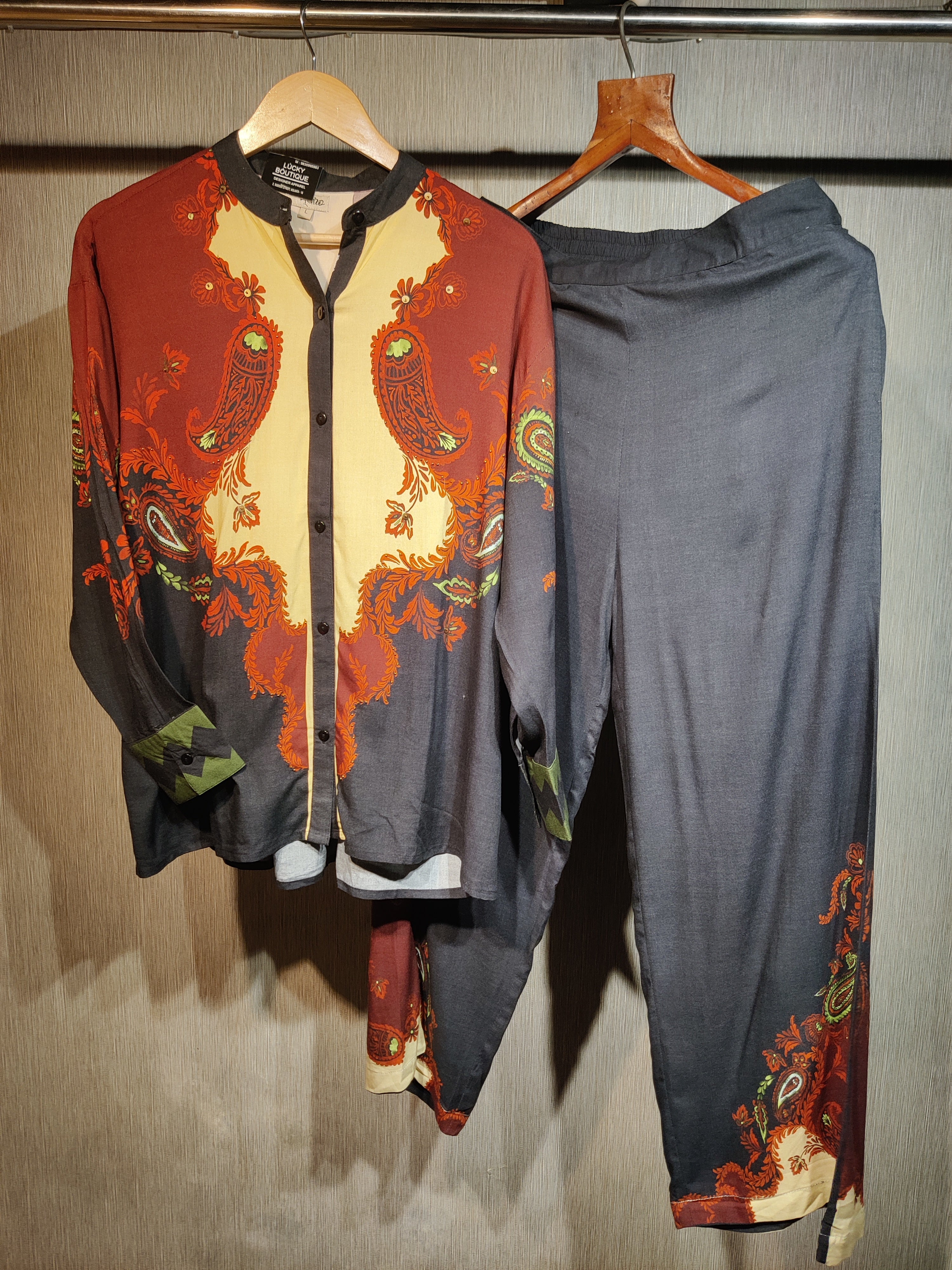 Handcrafted Paisley Cotton Co-Ord Set in Charcoal & Terracotta