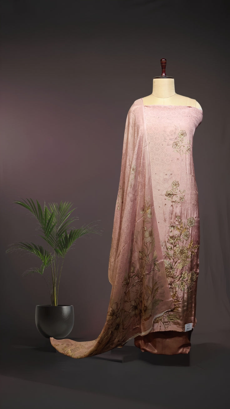 Dusty Rose Hand-Embroidered Italian Crepe Silk 3-Piece Suit Set