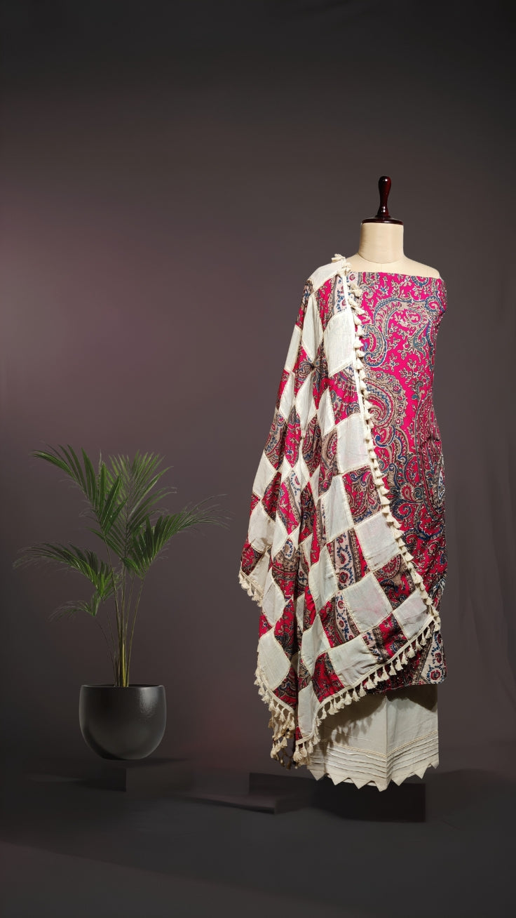 Handcrafted Kalamkari Print Cotton Suit Set with Patch Work Dupatta & Crosio Lace