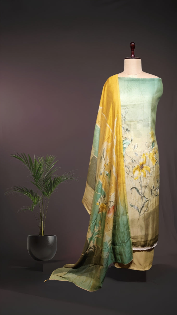 Meadow Symphony Premium Cotton Suit Set with Intricate Hand Thread Work