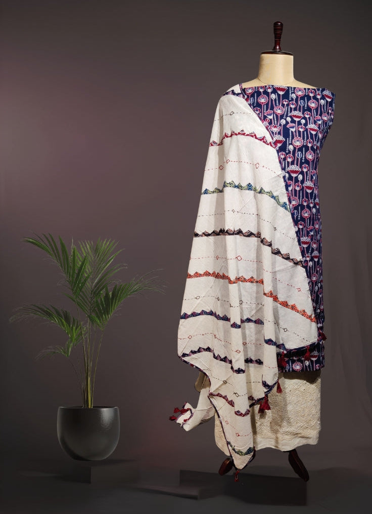 Indigo Floral Ajrakh Print Cotton Suit Set with Applique Work Dupatta