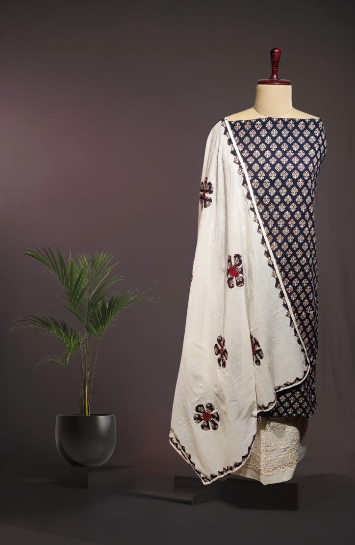 Indigo Geometrical Ajrakh Print Pure Cotton Suit with Patch Work Dupatta