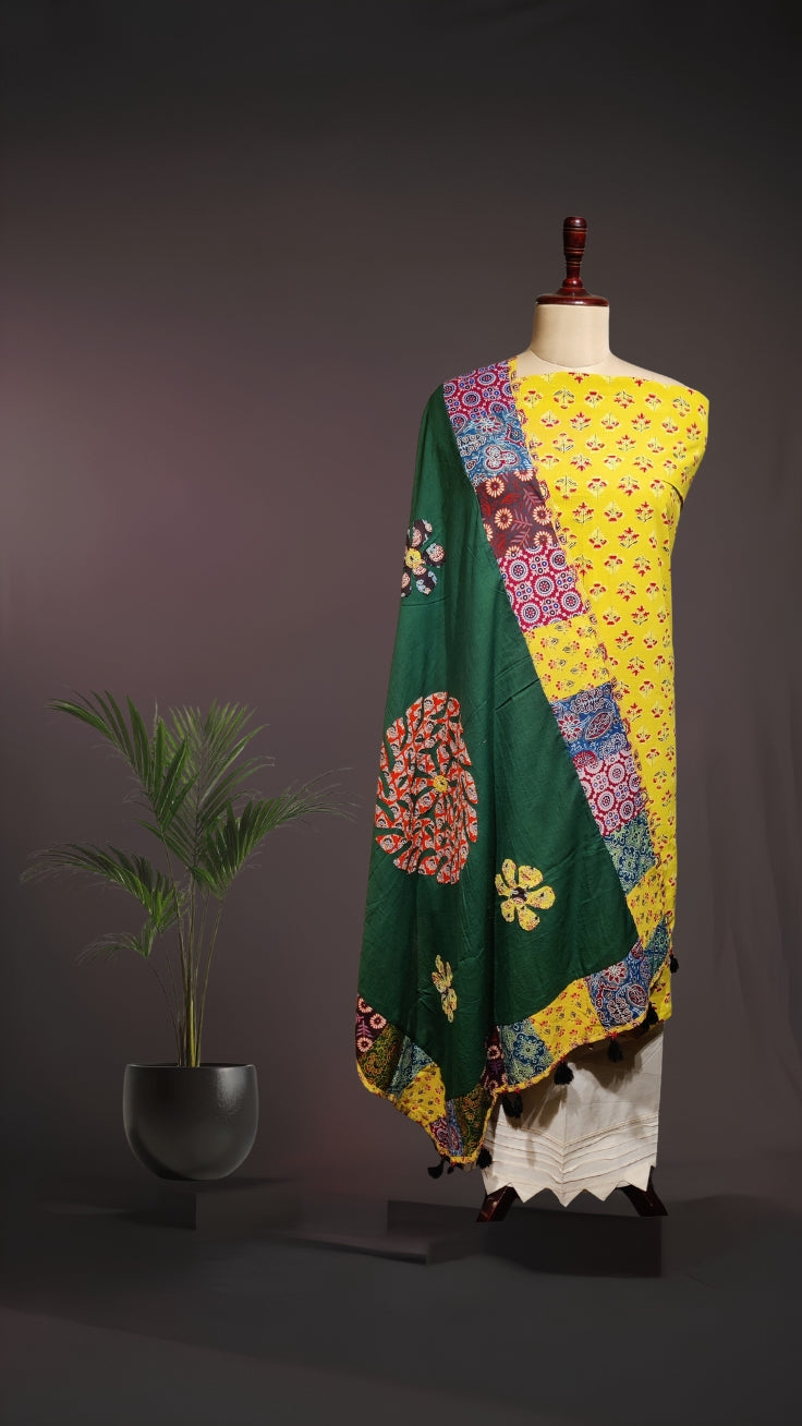 Yellow Ajrakh Print Suit Set with Bottle Green Patch Work Dupatta in Pure Cotton