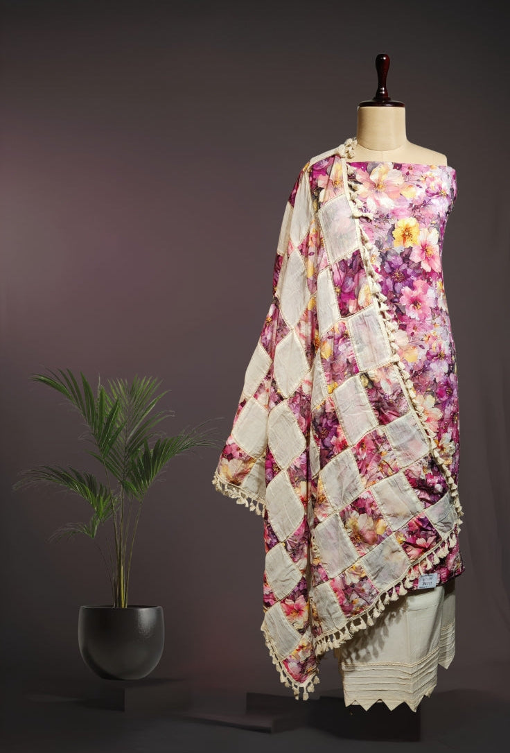 Vibrant Floral Pure Cotton Suit with Handcrafted Patch Work & Crosio Lace Dupatta