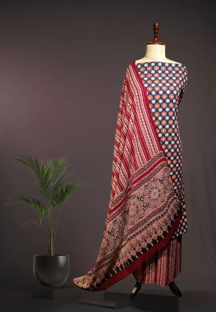 Traditional Indigo & Madder Red Ajrakh Print All Over Set in Pure Cotton