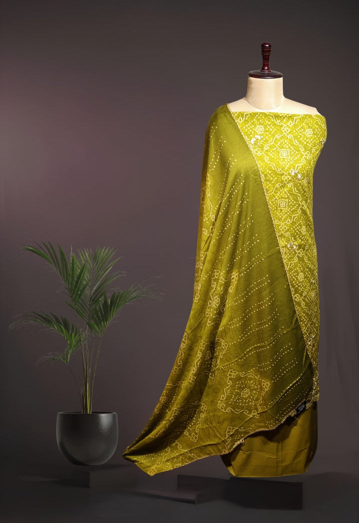 Olive Green Bandhani Print Cotton Suit with Delicate Thread Embroidery