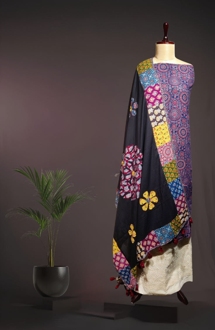 Indigo Blue Ajrakh Suit Set with Midnight Black Handcrafted Patch Work in Dupatta