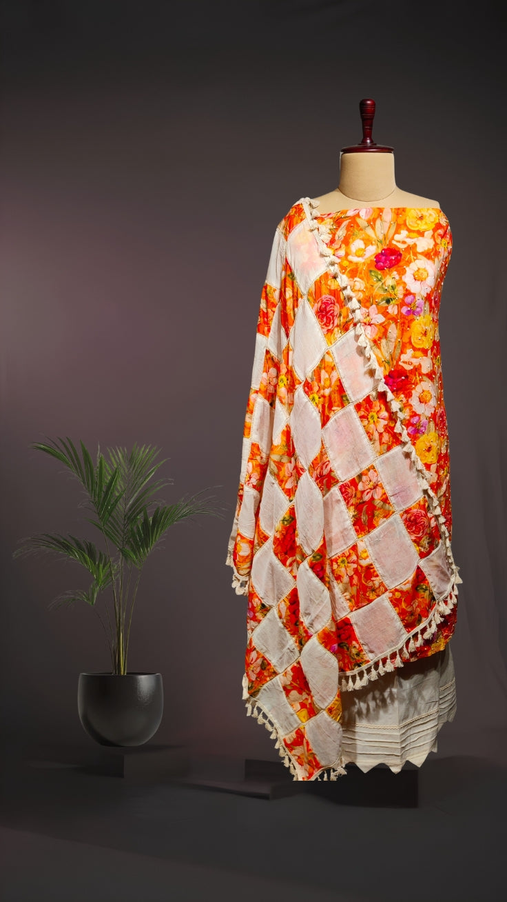 Sunset Orange Floral Print Pure Cotton Suit Set with Patch Work & Crosio Lace Dupatta