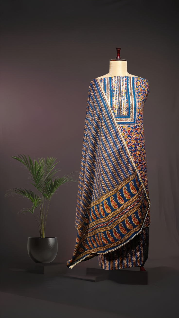 Royal Blue Ajrakh Print Cotton Suit Set with Festive Gota Neck Work