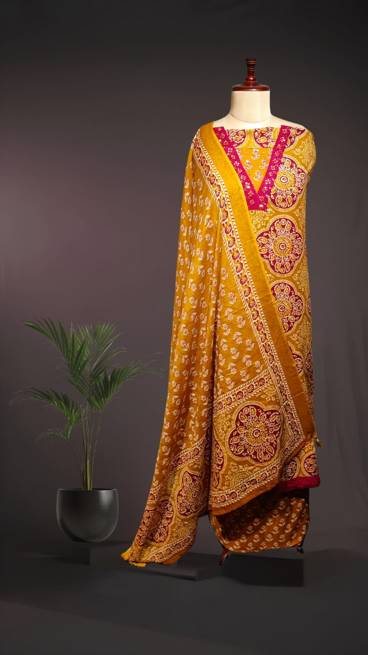 Mustard Yellow Ajrakh & Ikkat Print Cotton Suit with Handcraft Work in Neck