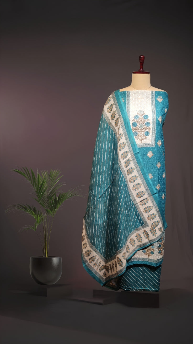 Traditional Peacock Teal Cotton Suit Set with Floral Motif and Striped Dupatta