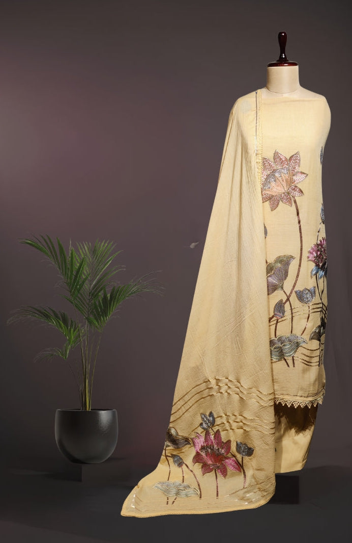 Premium Cotton Unstitched Suit Piece with Elegant Lotus Thread Work