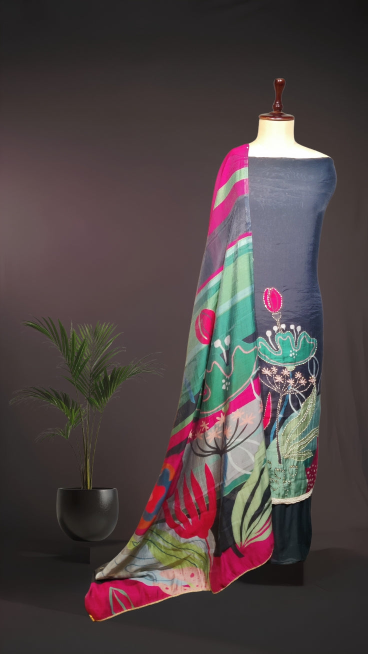 Charcoal Black Hand-Embroidered Cotton Suit with Vibrant Multi-Color Statement Dupatta