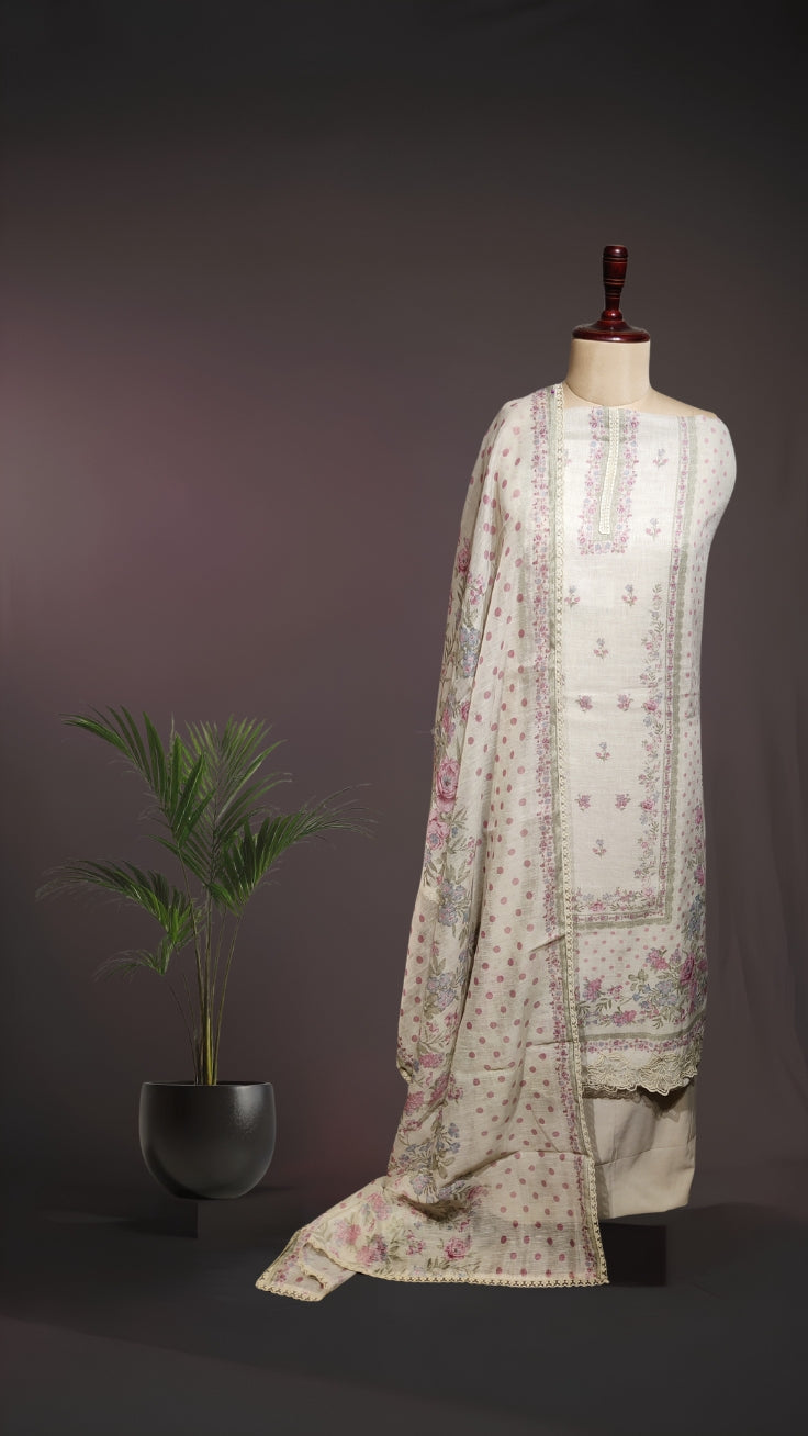 Premium Cotton Linen Unstitched Suit Piece with Delicate Floral Prints
