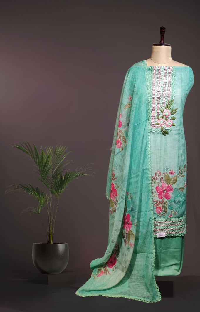 Mint Green Cotton Linen Unstitched Suit with Floral Embroidery & Bead Accents