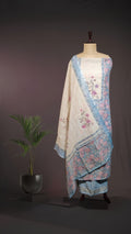 Ivory & Pastel Blue Cotton Linen Suit Set with Delicate Neck Mirror Work and Floral Prints
